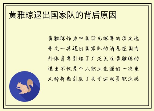 黄雅琼退出国家队的背后原因